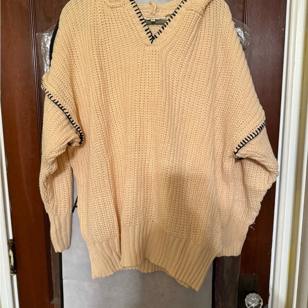 Elegant Cream Knit hooded sweater with Black Accents